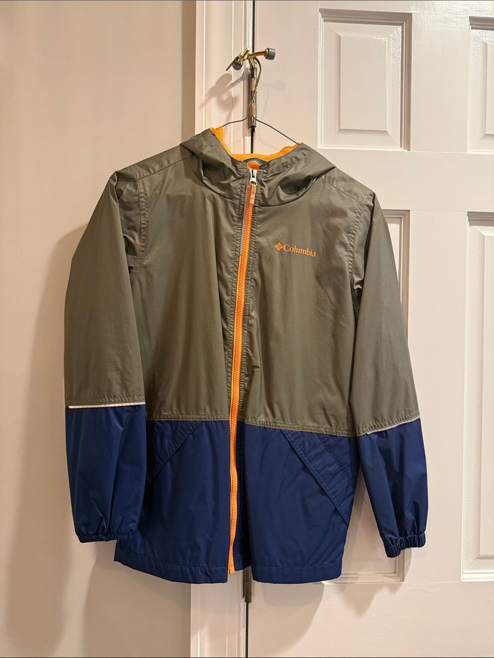 Columbia Kids Olive Green & Navy Hooded Rain Jacket with Orange Trim